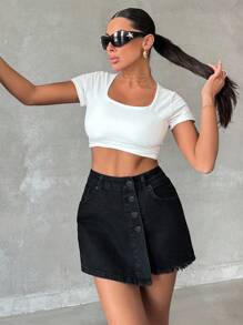 EURMUSE 100%Cotton SHORT WITH SKIRT BUTTON RAW EDGE - Black - View 4