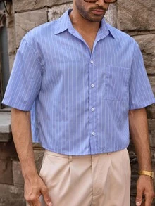 Manfinity VCAY Men's Casual Loose Fit Striped Woven Short Sleeve Shirt, Old Money - Blue - View 5
