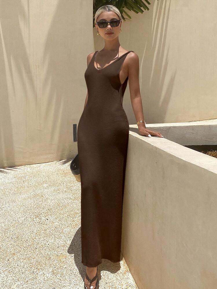 Women's Elegant Long Casual Sweater Dress With Spaghetti Straps