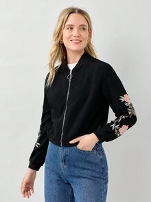 Miaspire Embroidered Floral Detail O-Ring Zip Up Bomber Jacket - Black - View 5