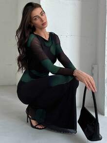 Aloruh Elegante vestido de cóctel con cuello de barco, manga larga, estampado de teñido anudado y malla, apto para otoño/invierno