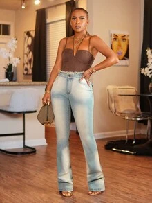 BamGleam Women's Casual Frayed Waist Pocket Flare Leg Jeans - Blue - View 3