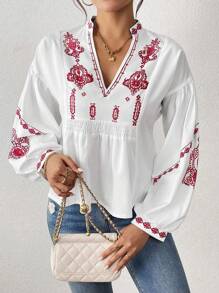 SHEIN LUNE Women's Shirred Graphic Print Long Sleeve Button Shirt Peplum Top Fall Cloth For Women