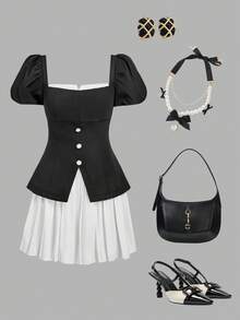 SHEIN MOD Vestido de moda con diseño de botones, mangas abullonadas y cuello cuadrado 2 en 1 para mujer