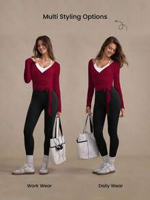 Eassivo Eassivo Áo thun thể thao dài tay nữ dáng rộng, chất liệu nhẹ, có họa tiết, thắt nơ phía trước, đa năng cho mọi mùa. Áo đỏ cho nữ, áo tập yoga, áo thể thao màu đỏ, áo màu đỏ tía, áo kiểu quấn, áo tập yoga nữ, áo tập yoga nữ. - Màu Đỏ Sâu - Xem 4