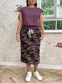 SHEIN LUNE 2pcs Plus Size Women's Casual Loose Fit Round Neck Camo Print Top & Bottom Set, Suitable For Spring/Summer - Multicolor - View 4