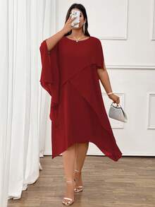 SHEIN Clasi Elegant Commuter & Evening Casual Women's Fashion Bestselling Versatile Comfortable Chiffon Fabric Shirt Dress, Round Neck, Short Sleeve, Multi-Layer Mid-Length Design, Navy Blue, Plus Size