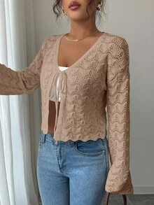 Elenzga Áo khoác len cardigan khoét lỗ thắt nơ phía trước thanh lịch dành cho nữ - Màu Khaki - Xem 7