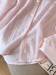 SHEIN 女式时尚宽松薄款露背系带长袖大码衬衫，春夏 - 淺粉色 - 查看 6