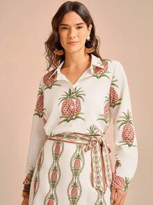 CAJUNI Chemise à manches longues à simple boutonnage avec imprimé ananas, style décontracté pour femmes