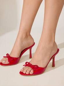 CUCCOO CHICEST 女士红色镜面 PU 蝴蝶结装饰露趾性感高跟穆勒凉鞋 - 紅色 - 查看 3