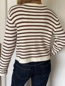 SHEIN EZwear 棕色和米色条纹针织休闲女式开衫 - 棕色 - 查看 3