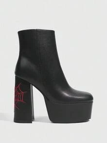 Sugerpunk 方头粗跟户外防水厚底刺绣时尚休闲派对侧拉链女式踝靴，适合春季、春假、复活节和圣诞节穿着。 - 黑色 - 查看 3