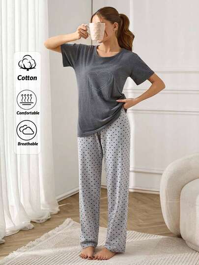 SHEIN Tall 100%Cotton Heart & Slogan Graphic Tee Short Sleeve & Pants Lounge Set