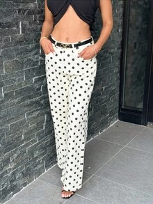 Carolina Barros Cute Polka Dot Spring Summer Dainty Denim Straight Leg Mid Rise Jeans Ibiza Holiday Casual - Beige - View 1