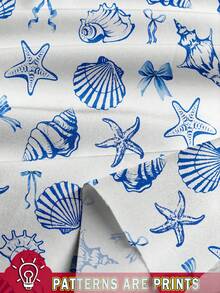 SHEIN Clasi 女式夏季度假风格海星和贝壳印花缺口领荷叶边袖宽松短款连衣裙 - 藍白色 - 查看 3