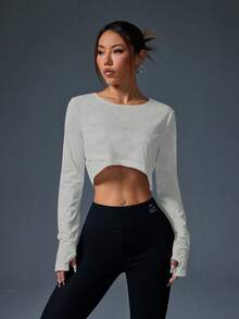 Easithlete Lässiges einfarbiges langärmeliges Sport-Crop-Top, Damen Langarm Crop Top, Gym Crop Top, Langarm Gym Top, Workout Crop Top