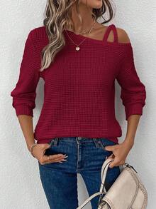 SHEIN LUNE Camiseta de Manga Longa Casual e de Trabalho com Textura de Waffle, Ombro Oblíquo e Manga Farol, Outono/Inverno - Vermelho - Visão 3