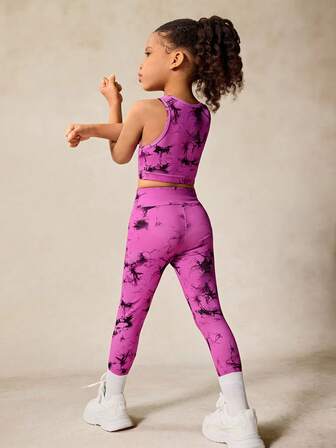 SHEIN 2件套女童扎染印花吊带背心和紧身裤瑜伽服，配套套装，返校季