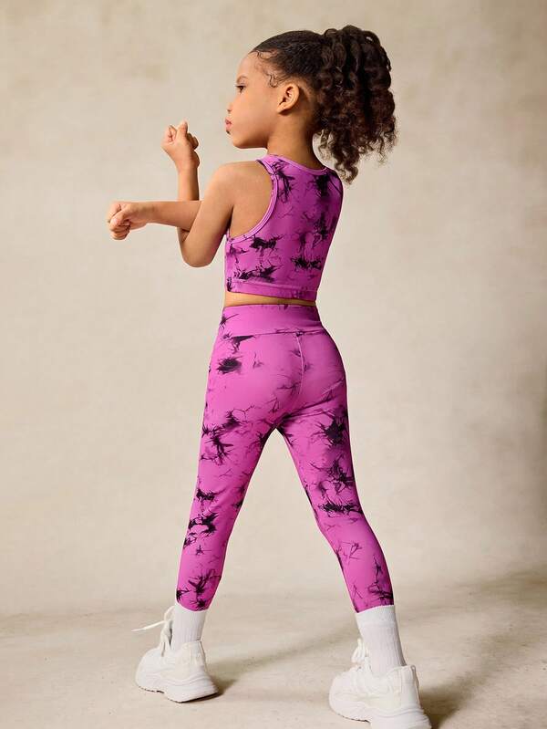 SHEIN 2 Stücke/Set Mädchen Batik-Muster elastisches Trägerhemd und Sport-Hose Yoga Outfit, Matching Sets, Rückkehr zur Schule