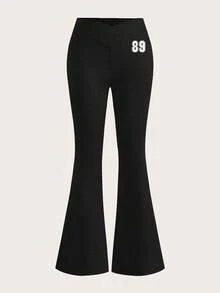 SHEIN EZwear Bộ 2 quần ống loe in họa tiết 89 cạp chéo màu đen và xám dành cho nữ, thích hợp mặc ở sân bay và dạo phố - Nhiều màu - Xem 3