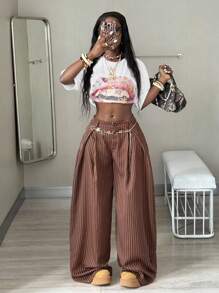 Coolane Women's Fall/Winter Cool Girl Vintage Casual Streetwear Going Out Oversized Brown Curved Hem Pants Pants Striped Cargo Pants - Brown - View 3