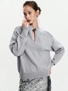Lumivelle 女士休闲宽松时尚简约深 V 领毛衣，百搭秋冬装 - 灰色 - 查看 4