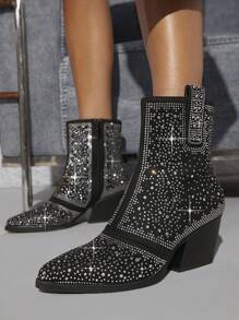 SHUZIA 水鑽裝飾側拉鍊粗跟靴