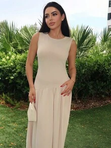 Durrani Popal Women Solid Round Neck Sleeveless Ruched Long Dress With Waist Belt - Apricot - View 6