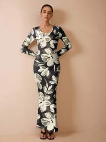 Glamance Shutterstock Women's Black Long Sleeve Bodycon Maxi Dress, Elegant Floral Print Outfit, Autumn Dress, Vacation Wear, Office Lady Dress, Business Casual Daily Wear, Hawaii Outfit, Day To Night Attire, Travel Outfit, Airport Street Style, Autumn Apparel, Dignified And Sexy Bohemian Style, Suitable For Going Out, Date Night - Black - View 5