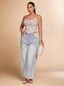 SHEIN BAE Plus Size Women's Floral Print Contrast Color Elegant Lace Camisole Summer Holiday Tops, Vacation Tops, Romantic Date, Birthday Party, Graduation Tops,Floral Top,Corset Tops,Suspender Corset,Sexy Elegant Corset,Going Out Tops Women/Early Autumn/Back To School/Going Out /Festival Outfits Women/Autumnfall/Wedding Guest Top Women Plus Size/Formal Top For Women/Dresses For Women Elegant/Summer Dresses /Birthday Dress/Homecoming Dress/Off Shoulder Top/Halloween Costume/Club Outfits Women Sexy/Christmas/Plus Size Top