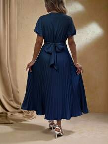 Roveilla Plus Size Women Elegant V-Neck Short Sleeve Empire Waist Pleated Swing Dress Women Casual Dress Women Dresses Birthday Women Birthday Outfit Women Summer Clothing Work Summer Dresses - Blue - View 2