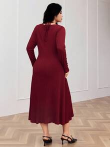 Feyla Plus Size Elegant Solid Color Lace Trim Dress - Burgundy - View 2