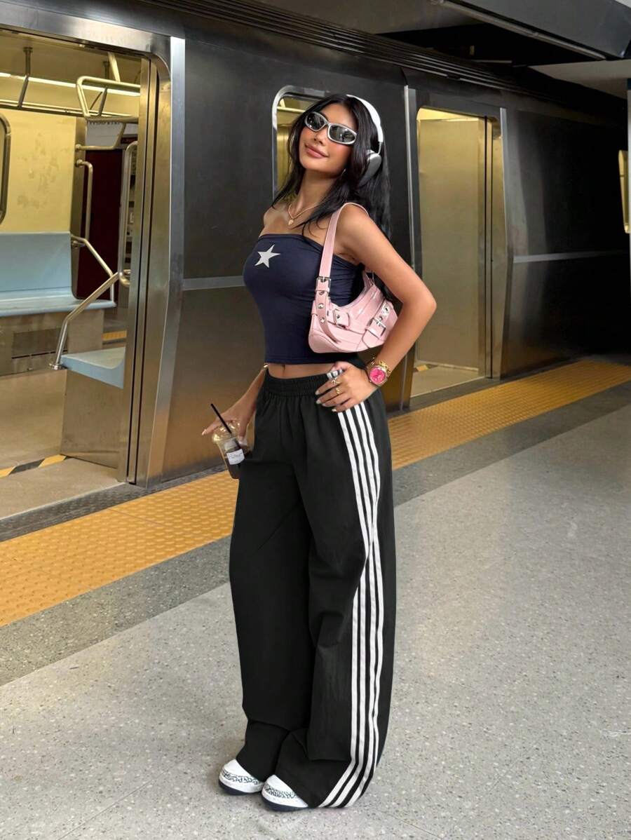 SHEIN EZwear 女式黑白松紧腰侧条纹阔腿宽松休闲工装裤 - 黑與白 - 查看 1