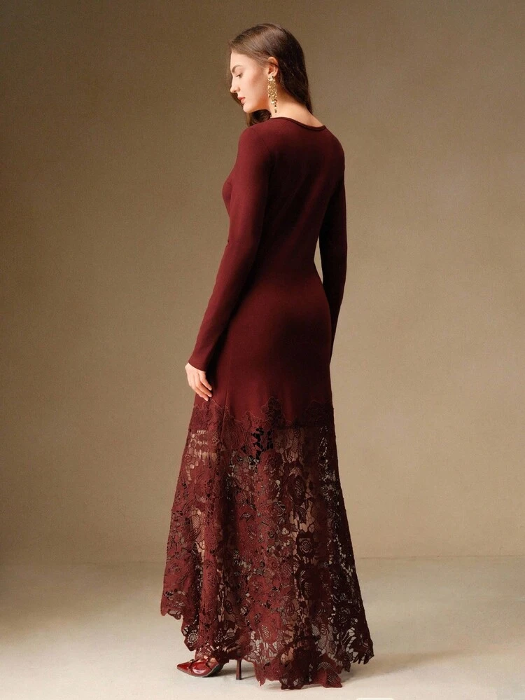 Burgundy Red Women's Long Sleeve Dress With French Embroidery Hollow-Out Patchwork Design, Suitable For Wedding, Graduation, Autumn, Fall, Spring, Going Out, Elegant, Formal, Chic, New Year, Party, Valentine