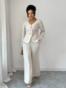 Elenzga Conjunto de 2 piezas de talla grande con chaleco de cuello en V de unicolor y pantalón ancho de manga larga informal, conjunto de pantalones blancos de 2 piezas para mujer, conjunto de pantalones elegante de 2 piezas para mujer, conjunto de pantalones de 2 piezas elegante para mujer, conjunto de 2 piezas blanco para mujer, conjunto de pantalones blancos de 2 piezas para mujer, conjunto de 2 piezas blanco elegante para mujer