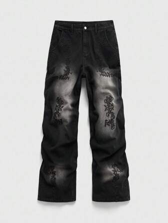 Street Life Herren Lässig Gewaschen Bestickte Jeans