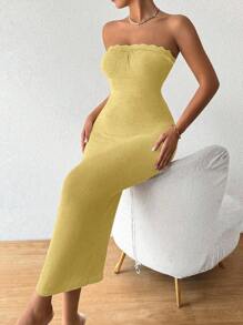 Chiquease Váy Bandeau dệt kim gợi cảm mùa thu/đông dành cho nữ, phong cách nghỉ dưỡng - Màu Mù tạt vàng - Xem 7