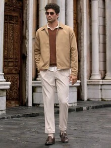 Manfinity BRENVOR 短款休闲简约男士夹克 男士棕褐色夹克 男士浅棕色夹克 男士休闲夏季夹克，老款，秋季，冬季 - 卡其色 - 查看 2