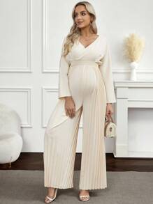 SHEIN جمبسوت نسائية بلون أحادي مع طيات وأكمام على شكل خفاش وياقة على شكل حرف V متداخلة وساق واسعة - لون مشمشي - مشاهدة 4