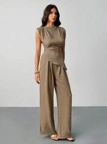 SHEIN Tall Khaki Minimalist Elegant Casual Commute Office Outfit: Sleeveless Asymmetric Ruched Waist Women's Blouse + Regular Ruched Wide Leg Women's Pants, Linen Commute Suit, Beach Outfits For Women, Airport Outfit, Vacation Outfits, Teacher Outfit,Elegant Women's Set,Brown ,Casual And Simple - Khaki - View 3