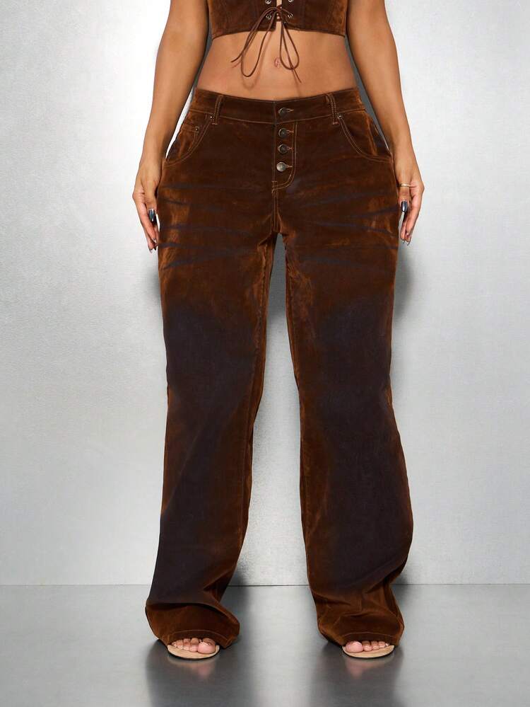 SUMWON WOMEN Pantaloni svasati in velluto a vita alta con bottoni e patta