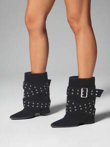SHUZIA Women Buckle Decor Sexy Point Toe Chunky Heel Faux Suede Chic Mid-Calf Boots - Black - View 4
