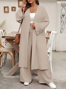 EMERY ROSE Ensemble 2 pièces grande taille, chemise longue cardigan et pantalon droit. Tenue décontractée pour les vacances - Kaki - Voir 6