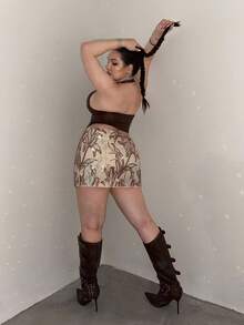 SHEIN EZwear 大尺碼夏季時尚玫瑰金亮片刺繡低腰迷你裙，女孩風派對夜店生日之夜外出演唱會返校穿搭 - 彩色 - 查看 2