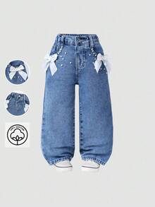 Elladie kids 少女阔腿牛仔裤，甜美酷炫的街头时尚设计，推荐返校季穿着。白色3D蝴蝶结和珍珠设计，松紧腰带舒适穿着，前襟纽扣设计方便穿着。宽松版型，适合外出、约会、日常穿着、海滩度假、朋友休闲聚会。一款适合一年四季的时尚牛仔单品。
