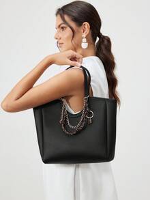 SHECARRY Women's Casual Versatile Solid Color Tote Bag - Black - View 3