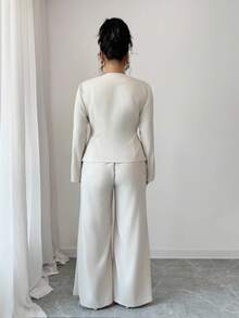 Elenzga Conjunto de 2 piezas de talla grande con chaleco de cuello en V de unicolor y pantalón ancho de manga larga informal, conjunto de pantalones blancos de 2 piezas para mujer, conjunto de pantalones elegante de 2 piezas para mujer, conjunto de pantalones de 2 piezas elegante para mujer, conjunto de 2 piezas blanco para mujer, conjunto de pantalones blancos de 2 piezas para mujer, conjunto de 2 piezas blanco elegante para mujer