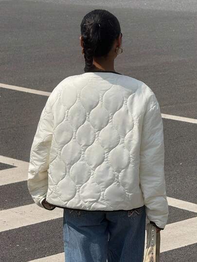 Muchica Women's Autumn New Textured Quilted Trim Short Padded Coat, Y2k Jacket,Fall