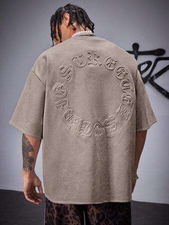 AXEPEAK Men's Street Style Air Layer Suede Flocked Loose Dropped Shoulder Round Neck Short Sleeve T-Shirt, 2000s Style